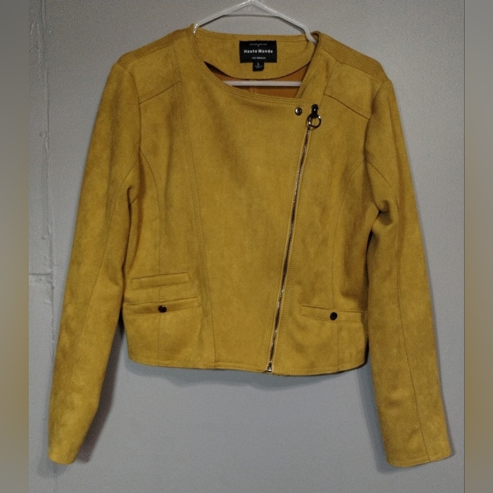 Haute Monde Mustard Yellow Faux Suede Long, Sleeve. Moto Fully zip jacket (L)